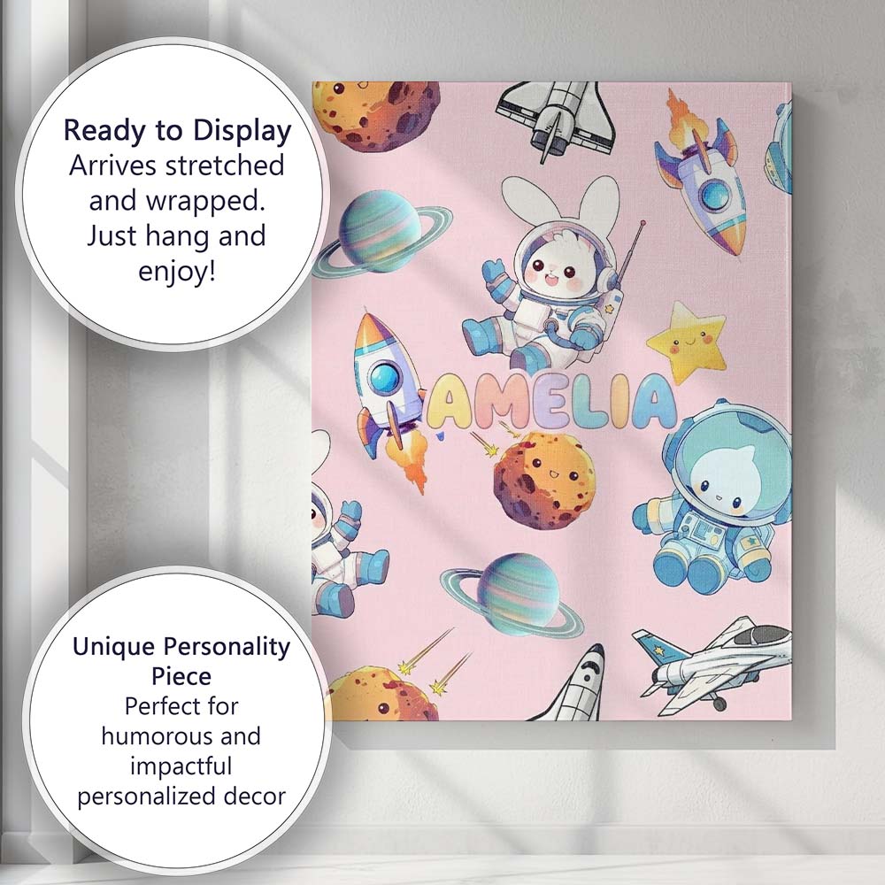 Personalised Name Space Bunny Cat Astronaut Custom  Bespoke Interior Contemporary Canvas Wall Art Print Decor Picture Ready to Hang