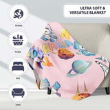 Space Bunny Cat Astronaut Rockets Planets Seamless Pink Background  Personalised Custom Name Super Soft Fleece Blanket Bed Sofa Throw
