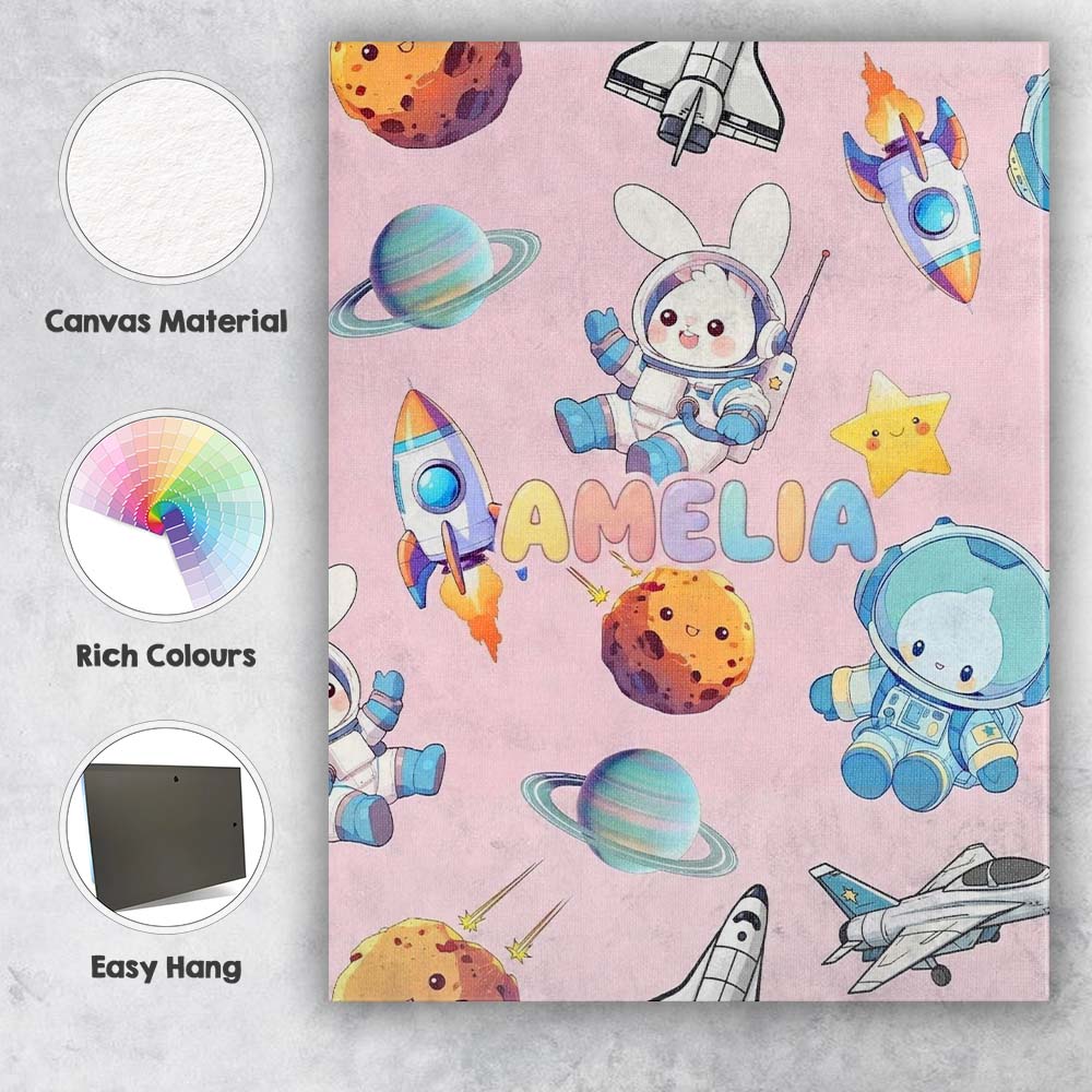 Personalised Name Space Bunny Cat Astronaut Custom  Bespoke Interior Contemporary Canvas Wall Art Print Decor Picture Ready to Hang