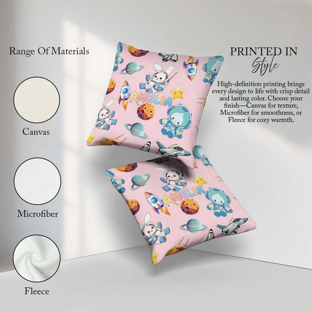 Custom Name Space Bunny Cat Astronaut Rockets Planets Background Square Filled Cushion Throw Pillow Sofa Bed Home Decor Zip Washable UK Made