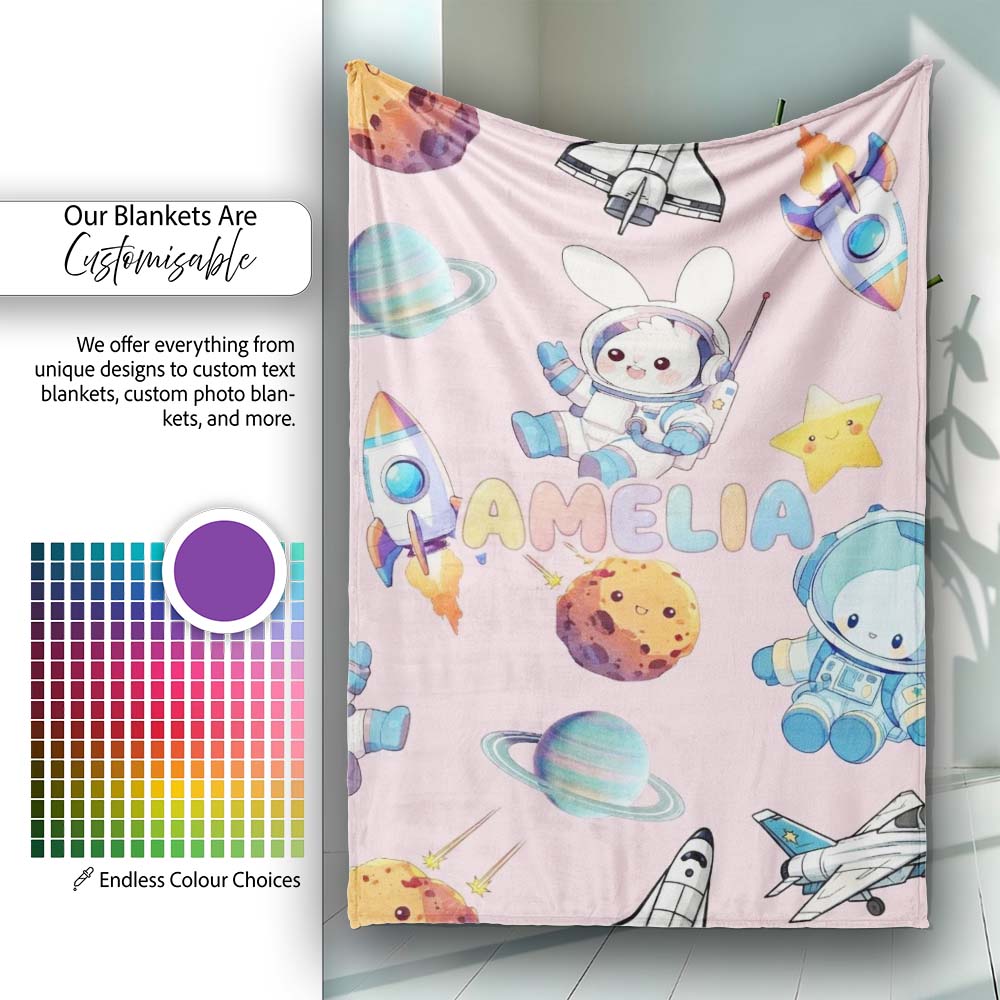 Space Bunny Cat Astronaut Rockets Planets Seamless Pink Background  Personalised Custom Name Super Soft Fleece Blanket Bed Sofa Throw