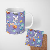 Personalized Custom Name Space Bunny Cat Astronaut Rockets Planets Seamless Purple 11oz Ceramic Coffee Tea Mug White Large Handle