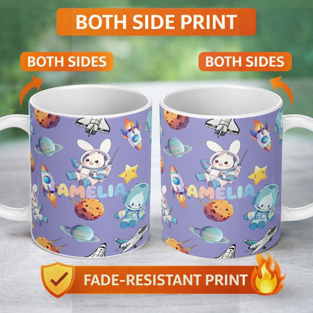 Personalized Custom Name Space Bunny Cat Astronaut Rockets Planets Seamless Purple 11oz Ceramic Coffee Tea Mug White Large Handle
