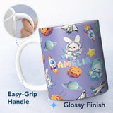Personalized Custom Name Space Bunny Cat Astronaut Rockets Planets Seamless Purple 11oz Ceramic Coffee Tea Mug White Large Handle