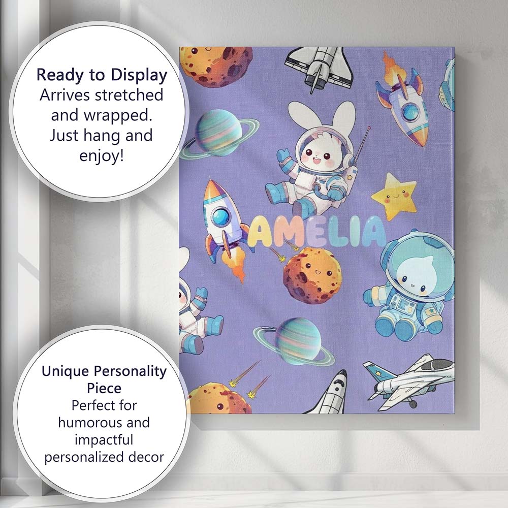 Personalised Name Space Bunny Cat Astronaut Custom  Bespoke Interior Contemporary Canvas Wall Art Print Decor Picture Ready to Hang