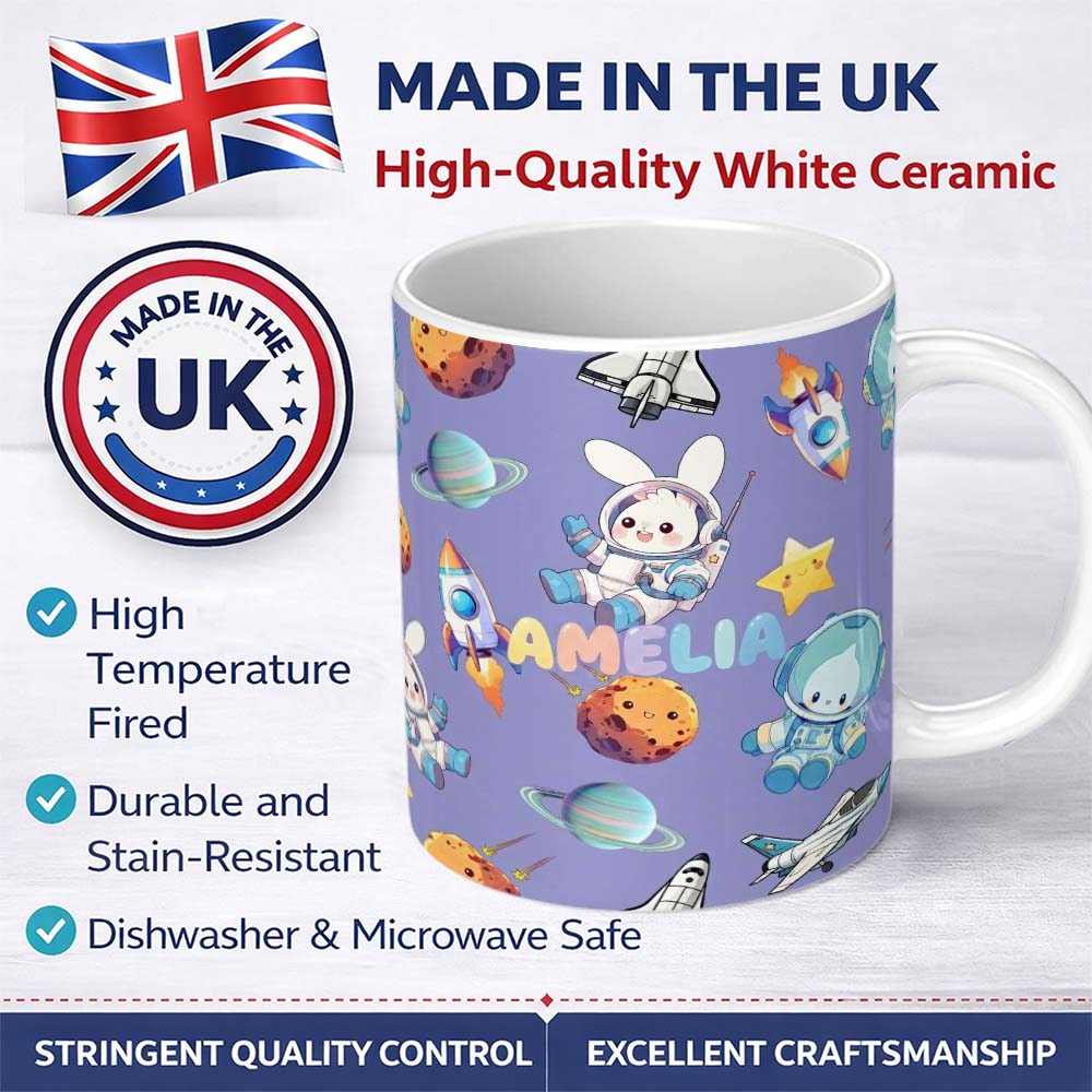 Personalized Custom Name Space Bunny Cat Astronaut Rockets Planets Seamless Purple 11oz Ceramic Coffee Tea Mug White Large Handle