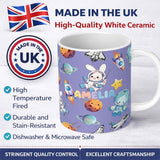 Personalized Custom Name Space Bunny Cat Astronaut Rockets Planets Seamless Purple 11oz Ceramic Coffee Tea Mug White Large Handle