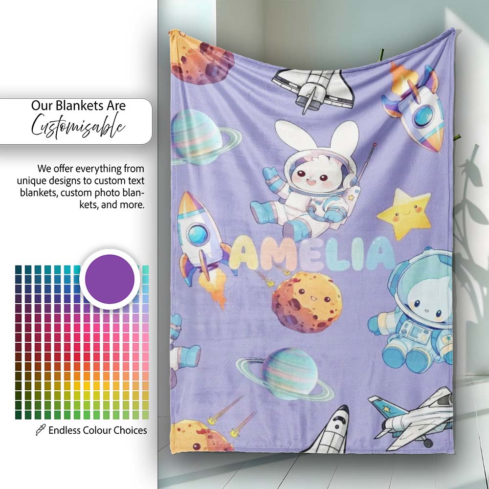 Space Bunny Cat Astronaut Rockets Planets Seamless Purple  Personalised Custom Name Super Soft Fleece Blanket Bed Sofa Throw