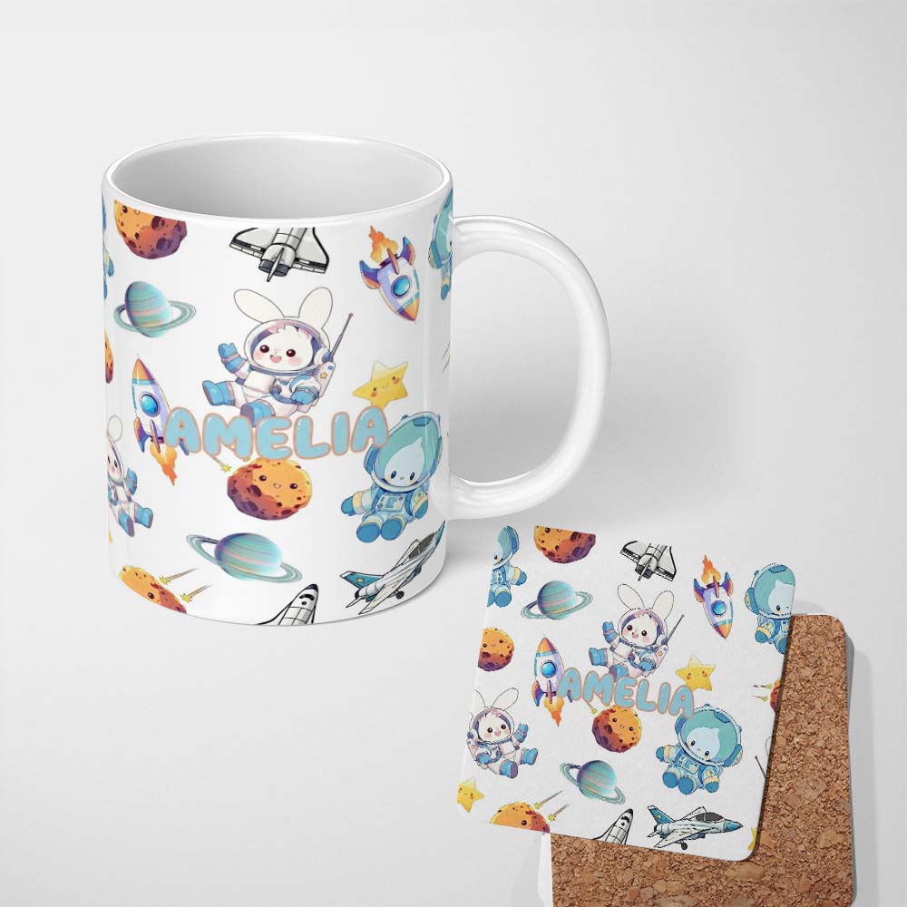 Personalized Custom Name Space Bunny Astronaut Rockets Planets Seamless Grey Background Name 11oz Ceramic Coffee Tea Mug White Large Handle