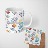 Personalized Custom Name Space Bunny Astronaut Rockets Planets Seamless Grey Background Name 11oz Ceramic Coffee Tea Mug White Large Handle