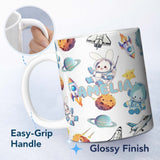 Personalized Custom Name Space Bunny Astronaut Rockets Planets Seamless Grey Background Name 11oz Ceramic Coffee Tea Mug White Large Handle