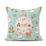 Custom Name Cute Bear Sloth Lamb Cherry Seamless Pattern on Mint Square Filled Cushion Throw Pillow Sofa Bed Home Decor Zip Washable UK Made