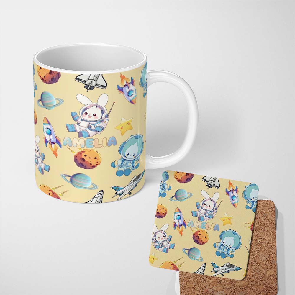 Personalized Custom Name Space Bunny Astronaut Rockets Planets Seamless Yellow Background 11oz Ceramic Coffee Tea Mug White Large Handle