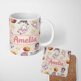 Personalized Custom Name Space Cat Astronaut Girl Rockets Stars Seamless Cream Background 11oz Ceramic Coffee Tea Mug White Large Handle