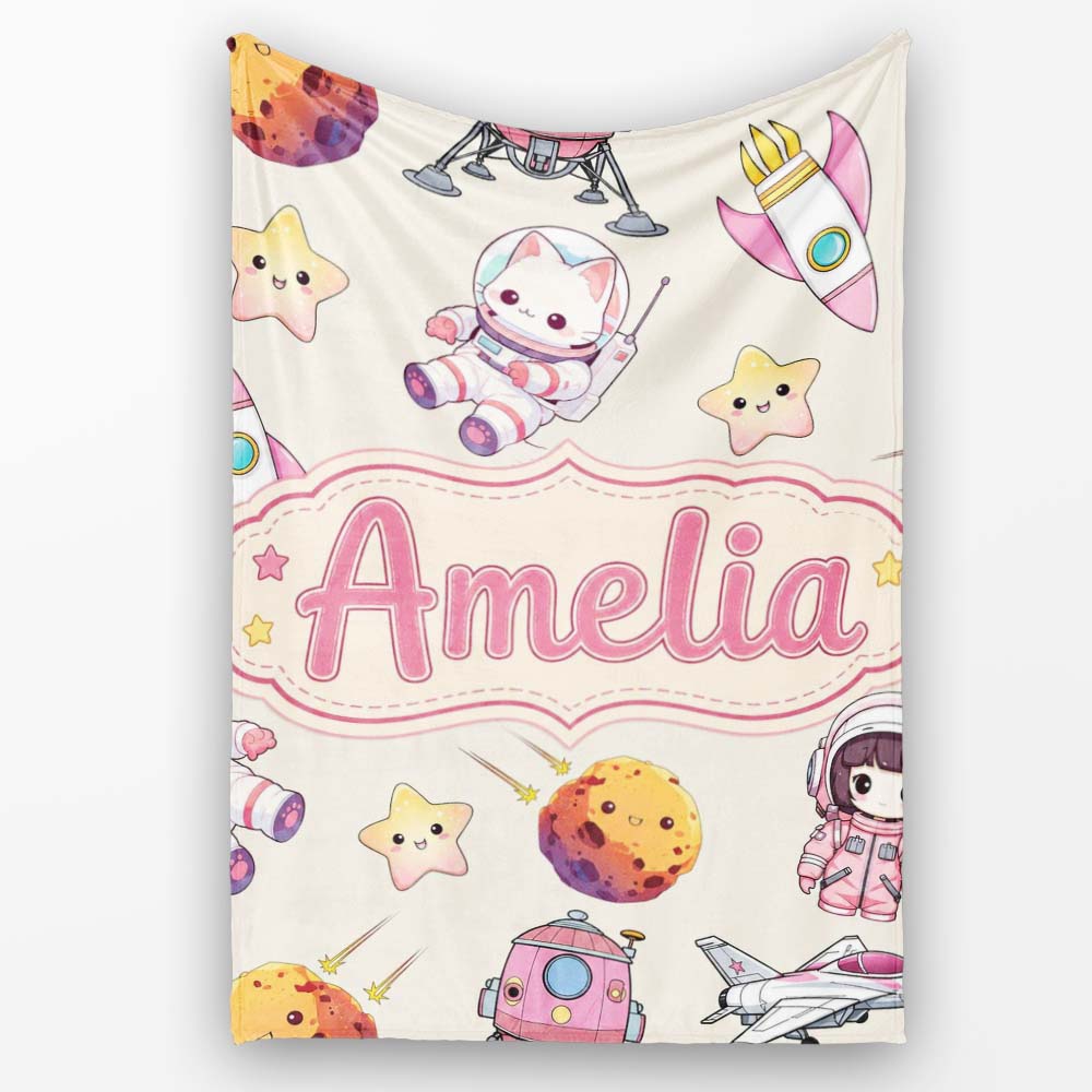 Space Cat Astronaut Girl Rockets Stars Seamless Cream Background  Personalised Custom Name Super Soft Fleece Blanket Bed Sofa Throw
