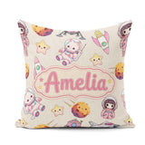 Custom Name Space Cat Astronaut Girl Rockets Seamless Background Square Filled Cushion Throw Pillow Sofa Bed Home Decor Zip Washable UK Made