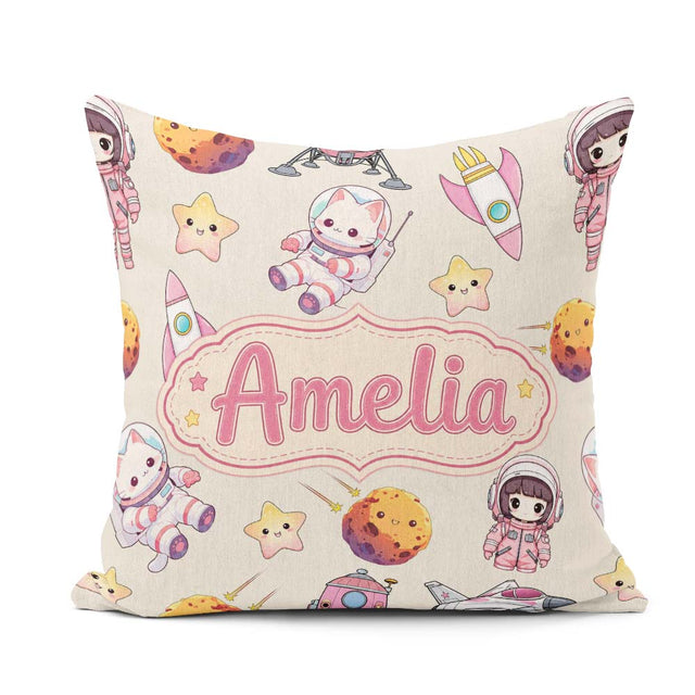 Custom Name Space Cat Astronaut Girl Rockets Seamless Background Square Filled Cushion Throw Pillow Sofa Bed Home Decor Zip Washable UK Made