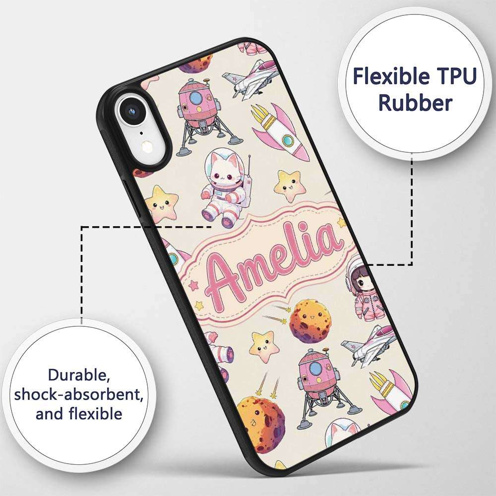 Space Cat Astronaut Girl Rockets Stars Seamless Custom Name Protective Phone Case Mobile Cover Durable Everyday Smartphone Shock Resistant