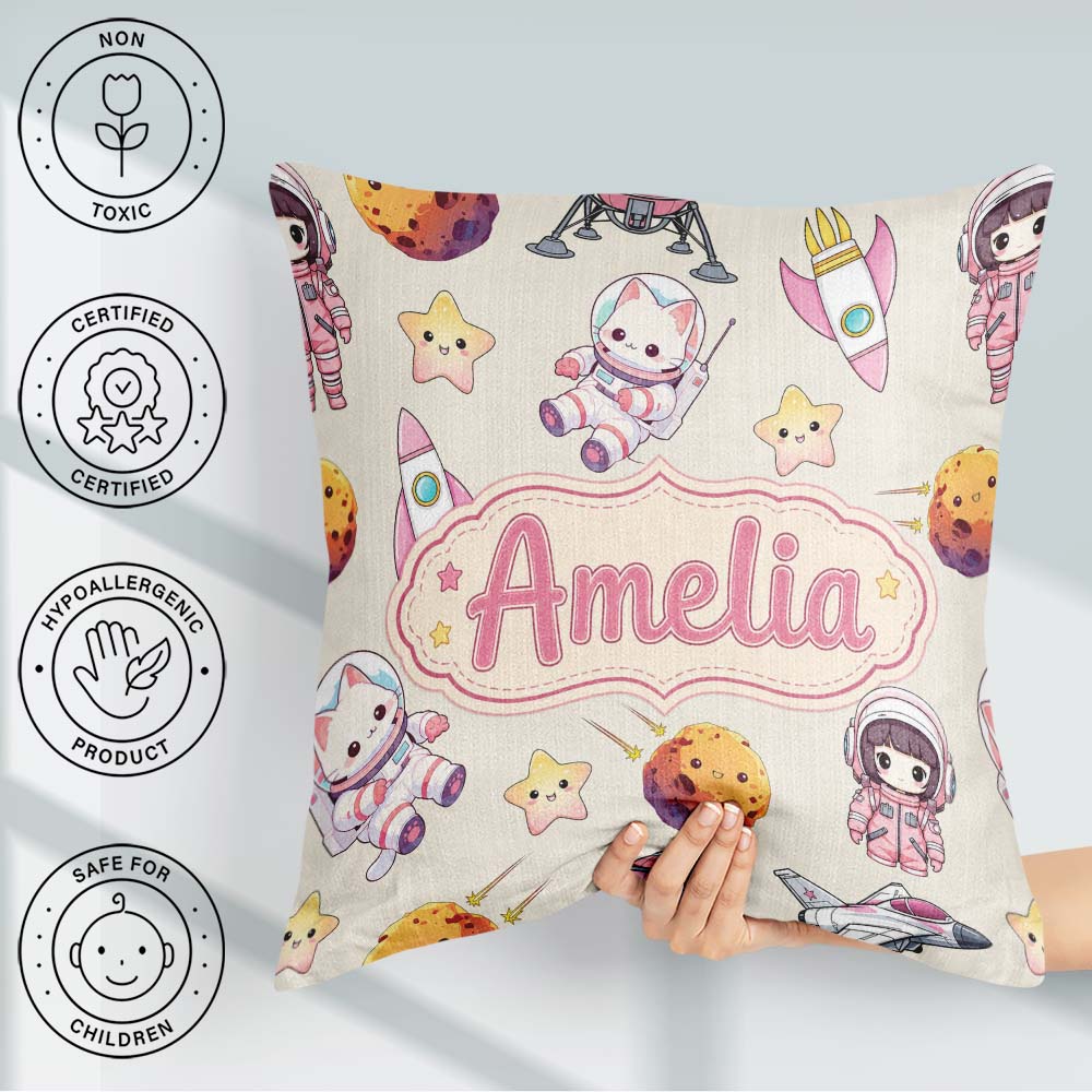 Custom Name Space Cat Astronaut Girl Rockets Seamless Background Square Filled Cushion Throw Pillow Sofa Bed Home Decor Zip Washable UK Made
