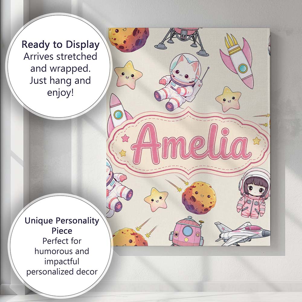 Personalised Name Space Cat Astronaut Girl Custom  Unique Gift Idea Elegant Feature Canvas Wall Art Print Decor Picture Ready to Hang