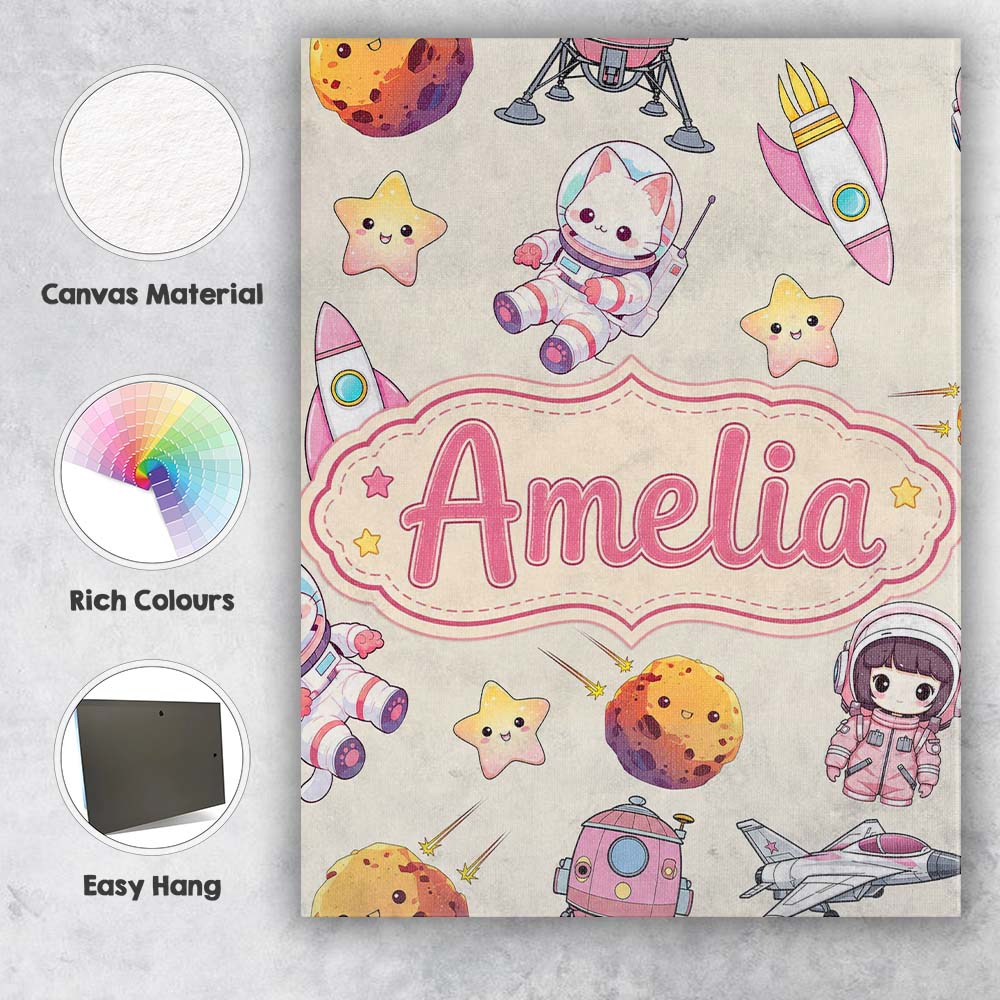 Personalised Name Space Cat Astronaut Girl Custom  Unique Gift Idea Elegant Feature Canvas Wall Art Print Decor Picture Ready to Hang