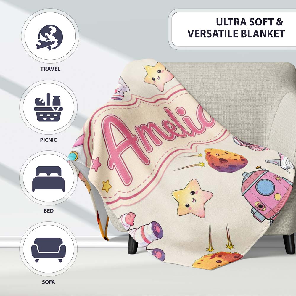 Space Cat Astronaut Girl Rockets Stars Seamless Cream Background  Personalised Custom Name Super Soft Fleece Blanket Bed Sofa Throw