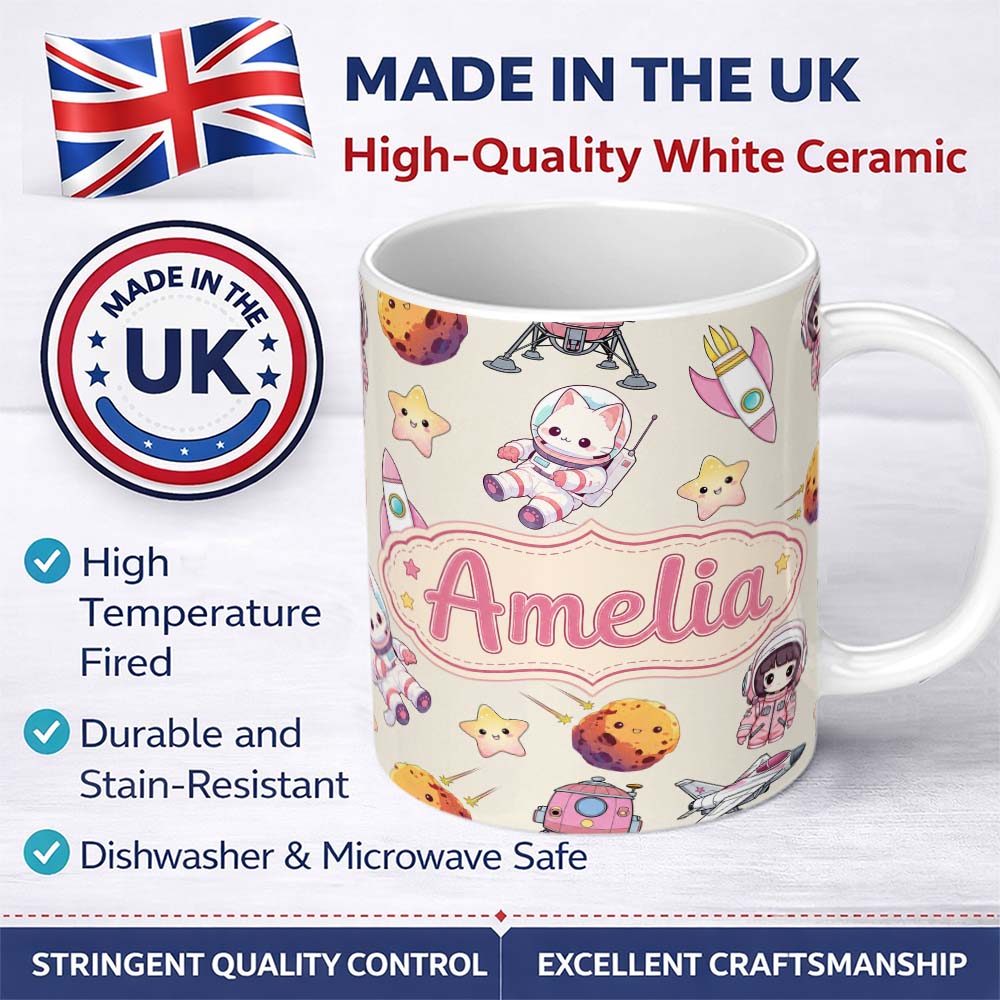 Personalized Custom Name Space Cat Astronaut Girl Rockets Stars Seamless Cream Background 11oz Ceramic Coffee Tea Mug White Large Handle