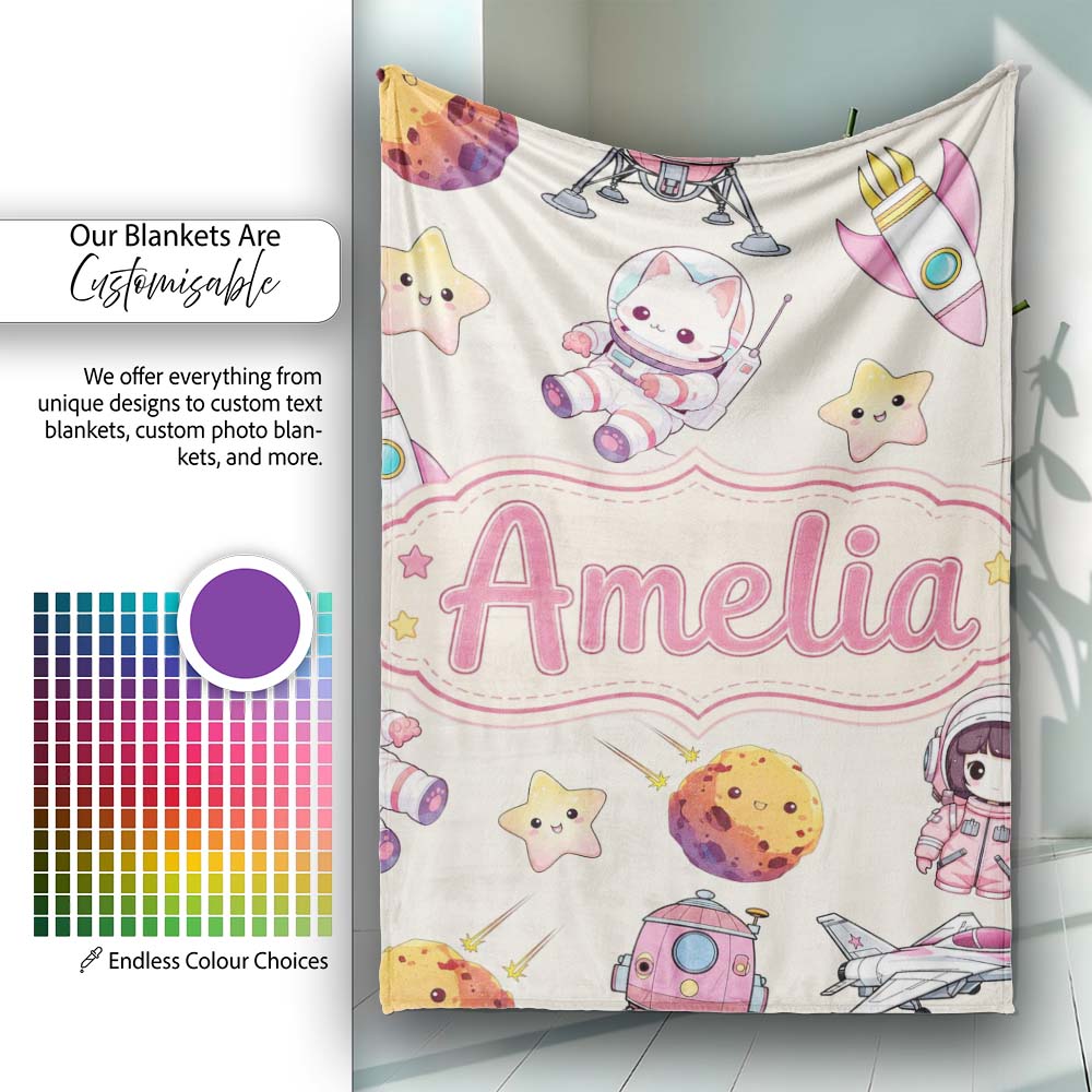 Space Cat Astronaut Girl Rockets Stars Seamless Cream Background  Personalised Custom Name Super Soft Fleece Blanket Bed Sofa Throw