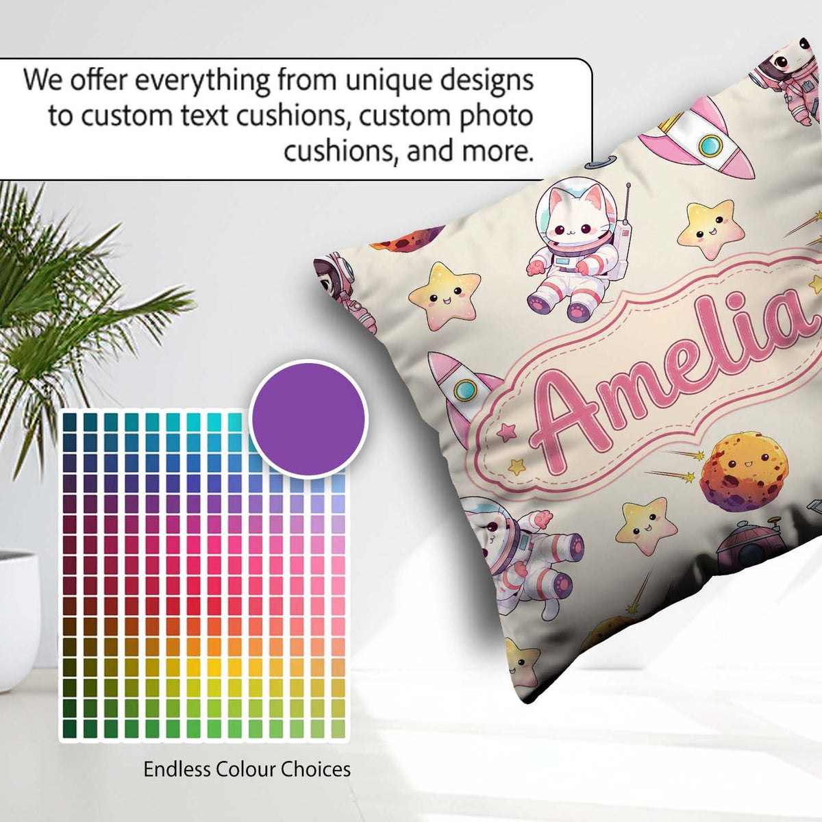Custom Name Space Cat Astronaut Girl Rockets Seamless Background Square Filled Cushion Throw Pillow Sofa Bed Home Decor Zip Washable UK Made