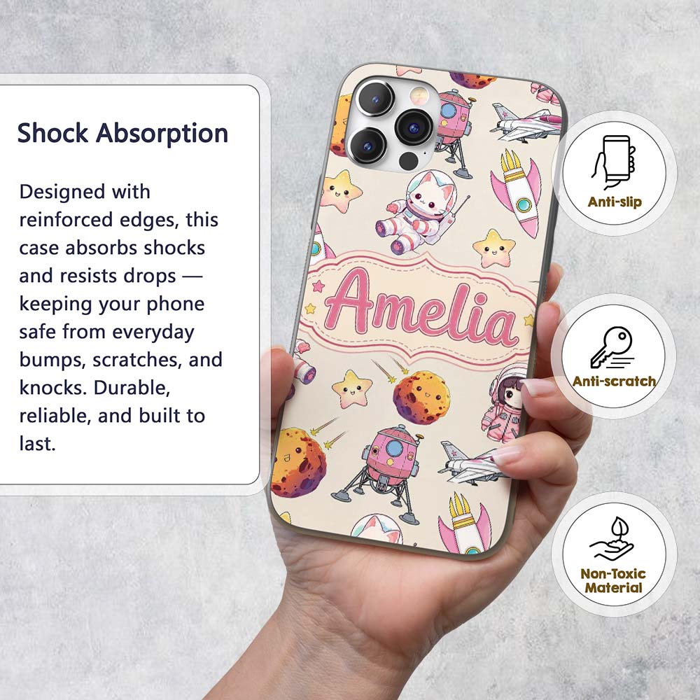 Space Cat Astronaut Girl Rockets Stars Seamless Custom Name Protective Phone Case Mobile Cover Durable Everyday Smartphone Shock Resistant