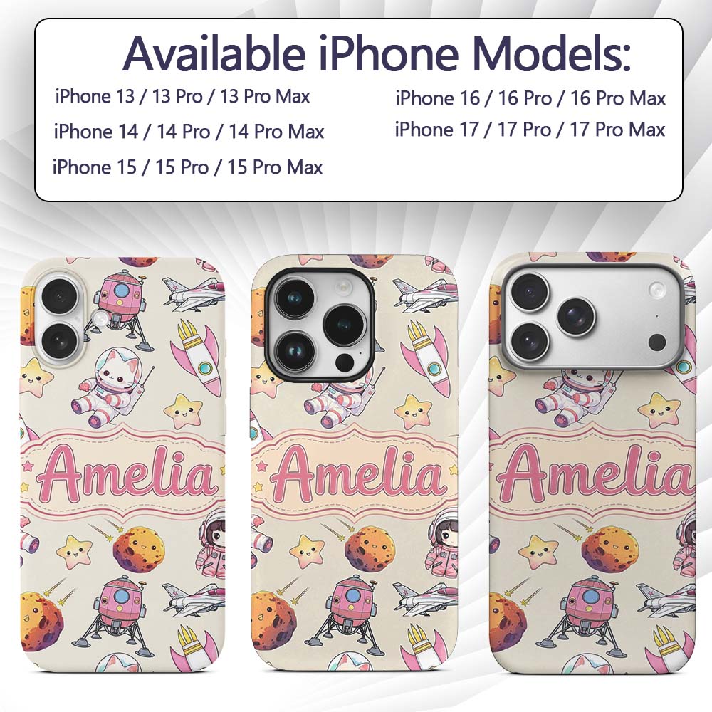 Space Cat Astronaut Girl Rockets Stars Seamless Custom Name Protective Phone Case Mobile Cover Durable Everyday Smartphone Shock Resistant