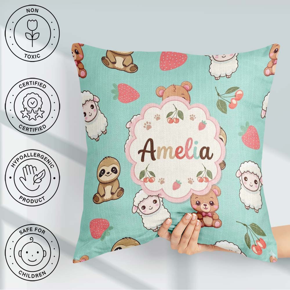 Custom Name Cute Bear Sloth Lamb Cherry Seamless Pattern on Mint Square Filled Cushion Throw Pillow Sofa Bed Home Decor Zip Washable UK Made