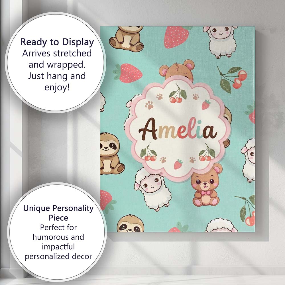Personalised Name Cute Bear Sloth Lamb Custom  Modern Room Accent Elegant Feature Canvas Wall Art Print Decor Picture Ready to Hang