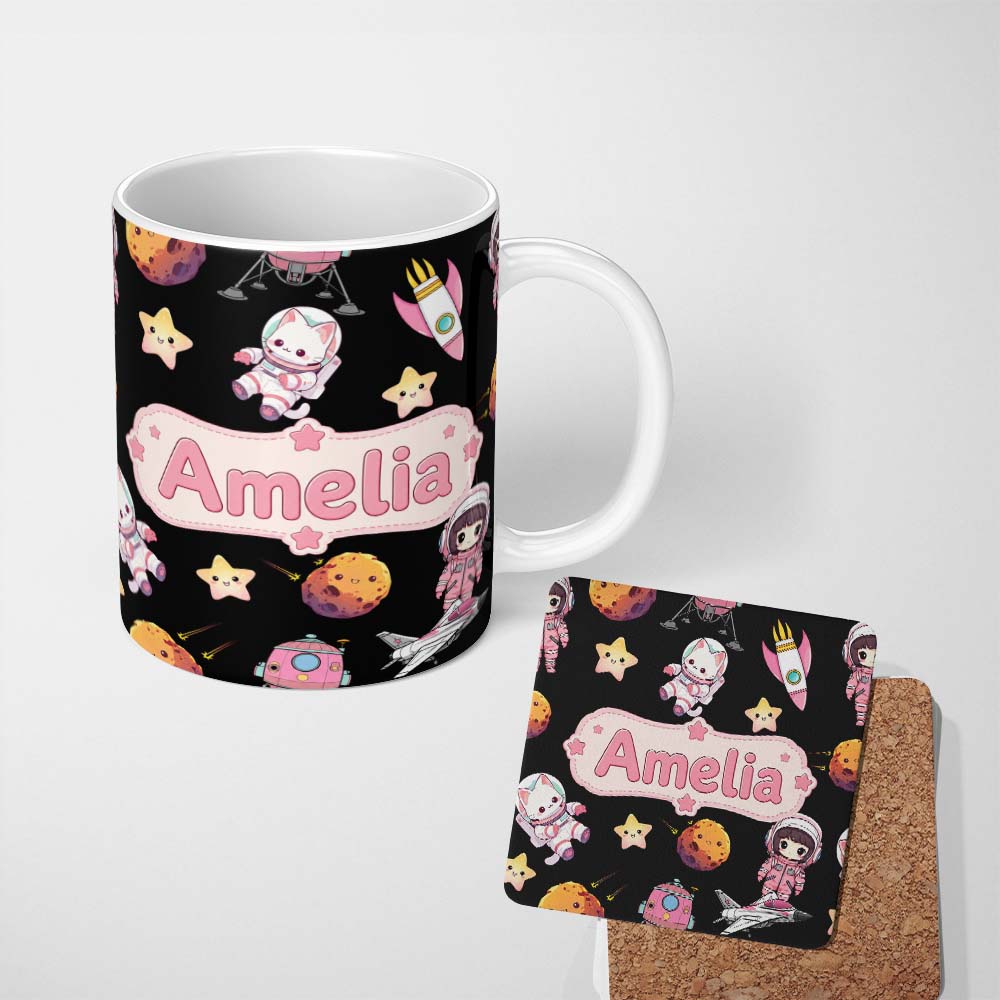 Personalized Custom Name Space Cat Astronaut Girl Rockets Stars Seamless Black Background 11oz Ceramic Coffee Tea Mug White Large Handle
