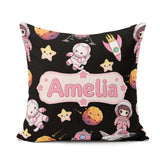 Custom Name Space Cat Astronaut Girl Rockets Seamless Background Square Filled Cushion Throw Pillow Sofa Bed Home Decor Zip Washable UK Made
