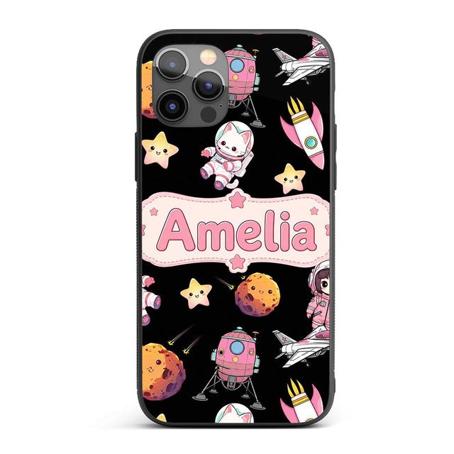 Space Cat Astronaut Girl Rockets Stars Seamless Custom Name Protective Phone Case Mobile Cover Durable Everyday Smartphone Shock Resistant