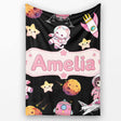 Space Cat Astronaut Girl Rockets Stars Seamless Black Background  Personalised Custom Name Super Soft Fleece Blanket Bed Sofa Throw