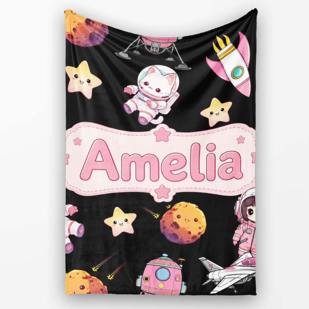 Space Cat Astronaut Girl Rockets Stars Seamless Black Background  Personalised Custom Name Super Soft Fleece Blanket Bed Sofa Throw