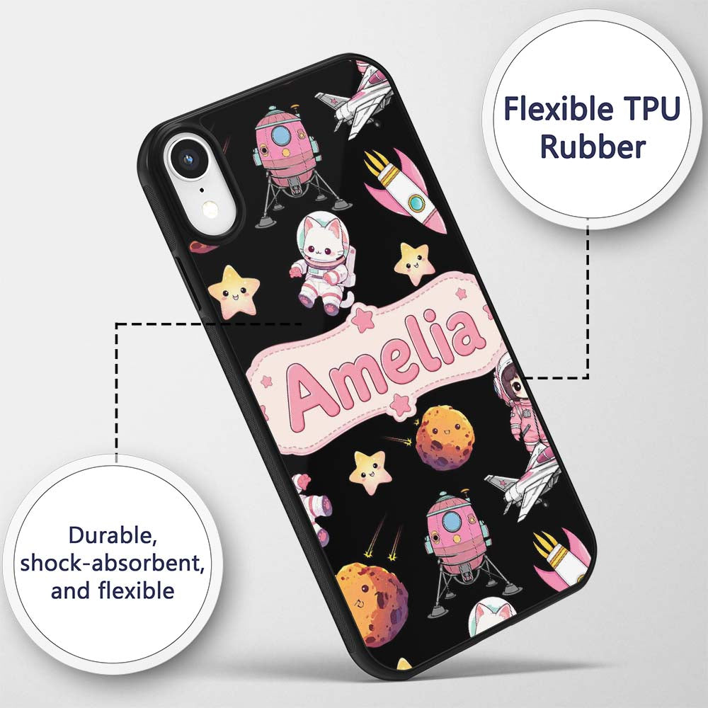Space Cat Astronaut Girl Rockets Stars Seamless Custom Name Protective Phone Case Mobile Cover Durable Everyday Smartphone Shock Resistant