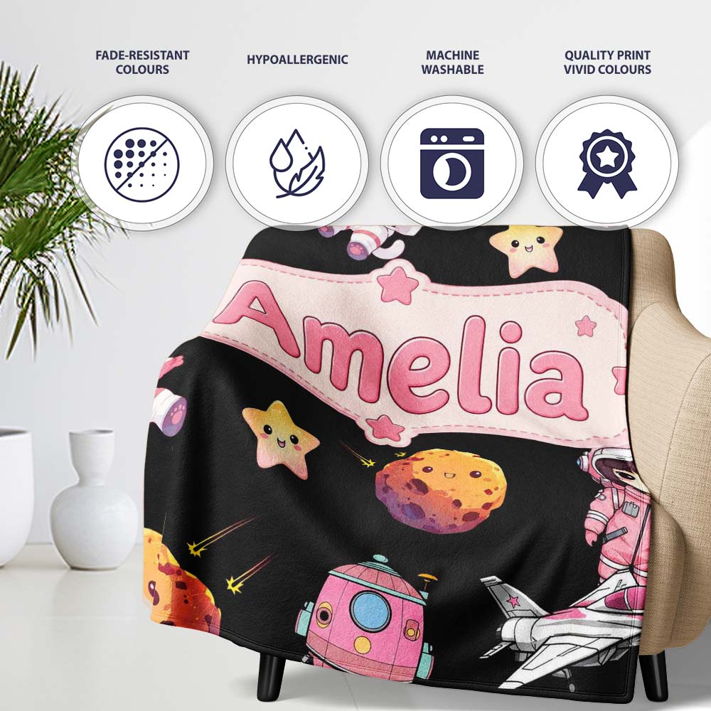 Space Cat Astronaut Girl Rockets Stars Seamless Black Background  Personalised Custom Name Super Soft Fleece Blanket Bed Sofa Throw