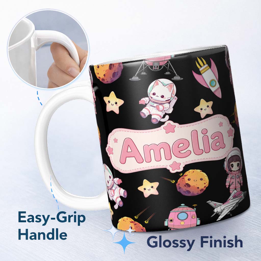 Personalized Custom Name Space Cat Astronaut Girl Rockets Stars Seamless Black Background 11oz Ceramic Coffee Tea Mug White Large Handle