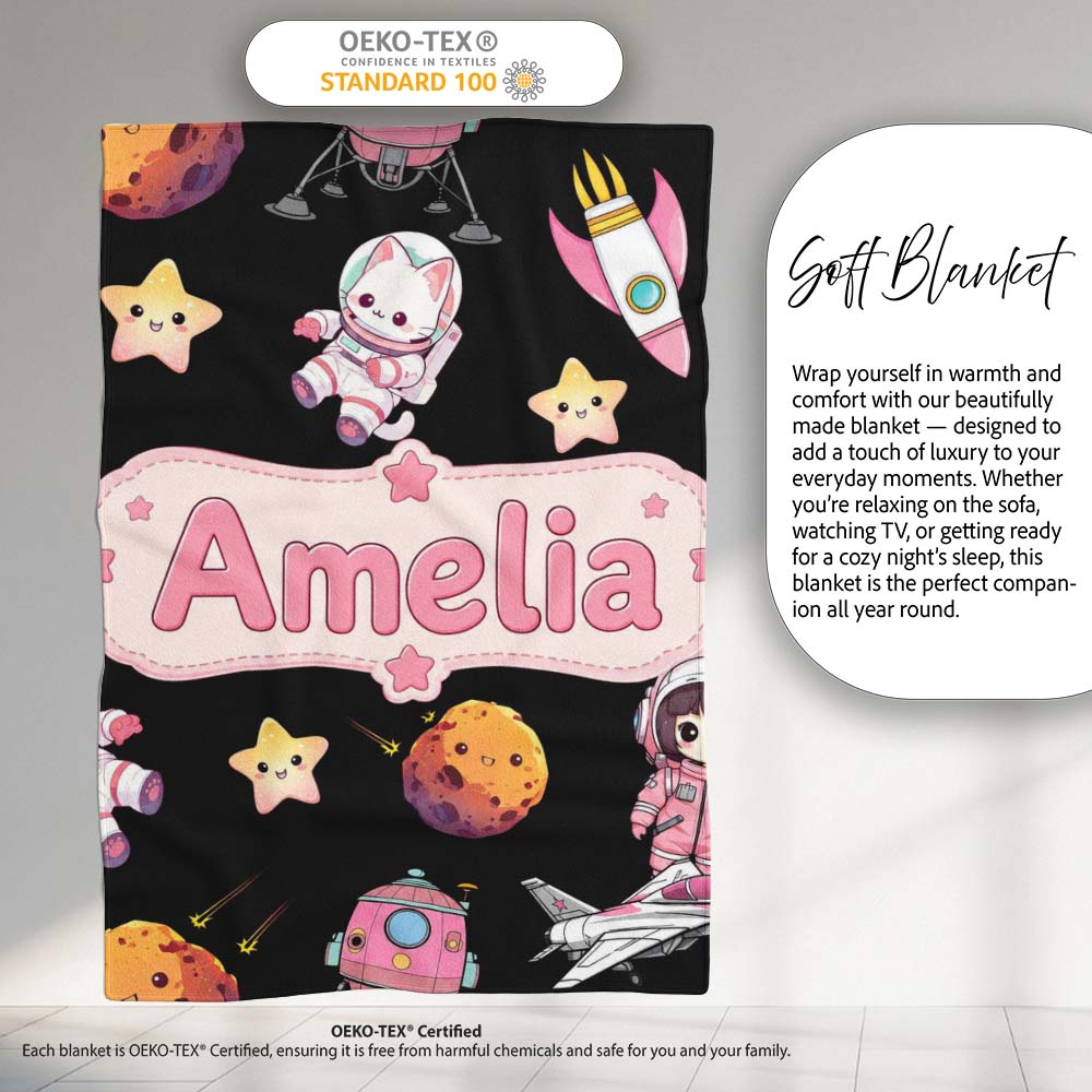 Space Cat Astronaut Girl Rockets Stars Seamless Black Background  Personalised Custom Name Super Soft Fleece Blanket Bed Sofa Throw