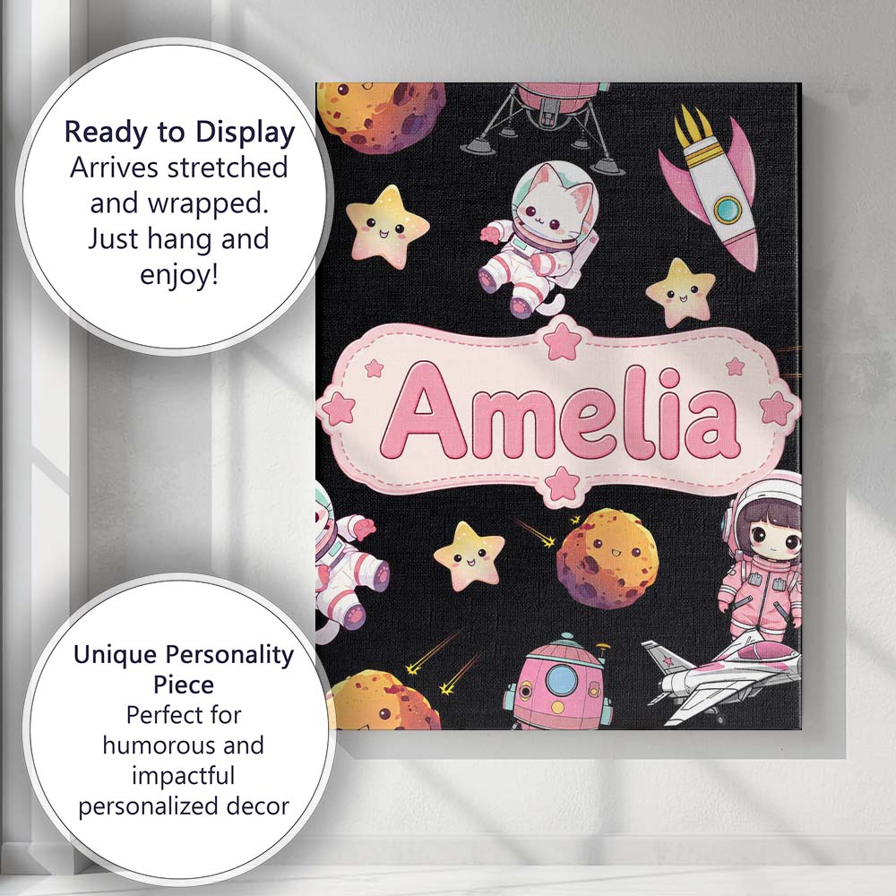 Personalised Name Space Cat Astronaut Girl Custom  Unique Gift Idea Elegant Feature Canvas Wall Art Print Decor Picture Ready to Hang