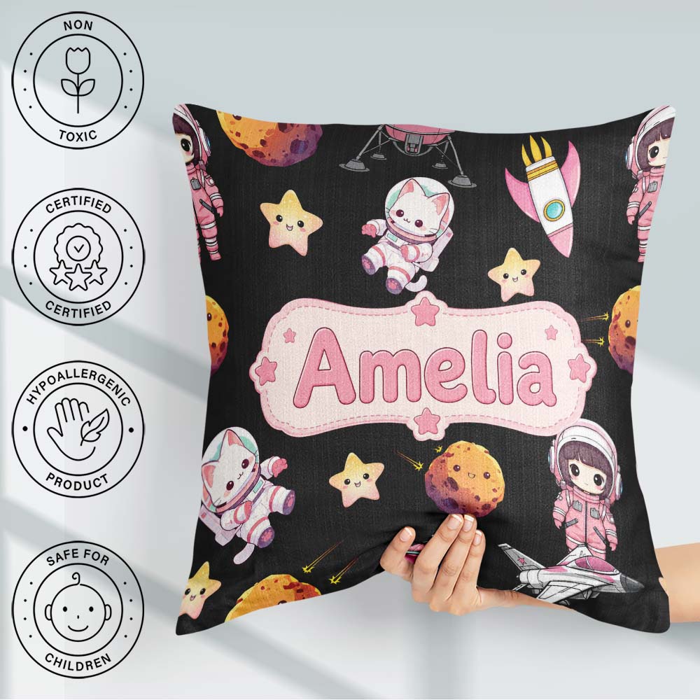 Custom Name Space Cat Astronaut Girl Rockets Seamless Background Square Filled Cushion Throw Pillow Sofa Bed Home Decor Zip Washable UK Made