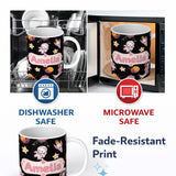 Personalized Custom Name Space Cat Astronaut Girl Rockets Stars Seamless Black Background 11oz Ceramic Coffee Tea Mug White Large Handle
