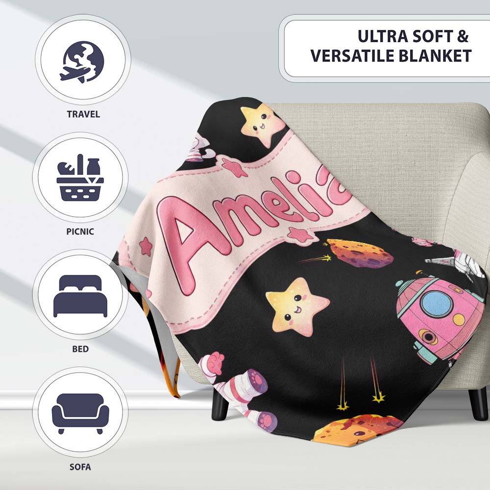 Space Cat Astronaut Girl Rockets Stars Seamless Black Background  Personalised Custom Name Super Soft Fleece Blanket Bed Sofa Throw