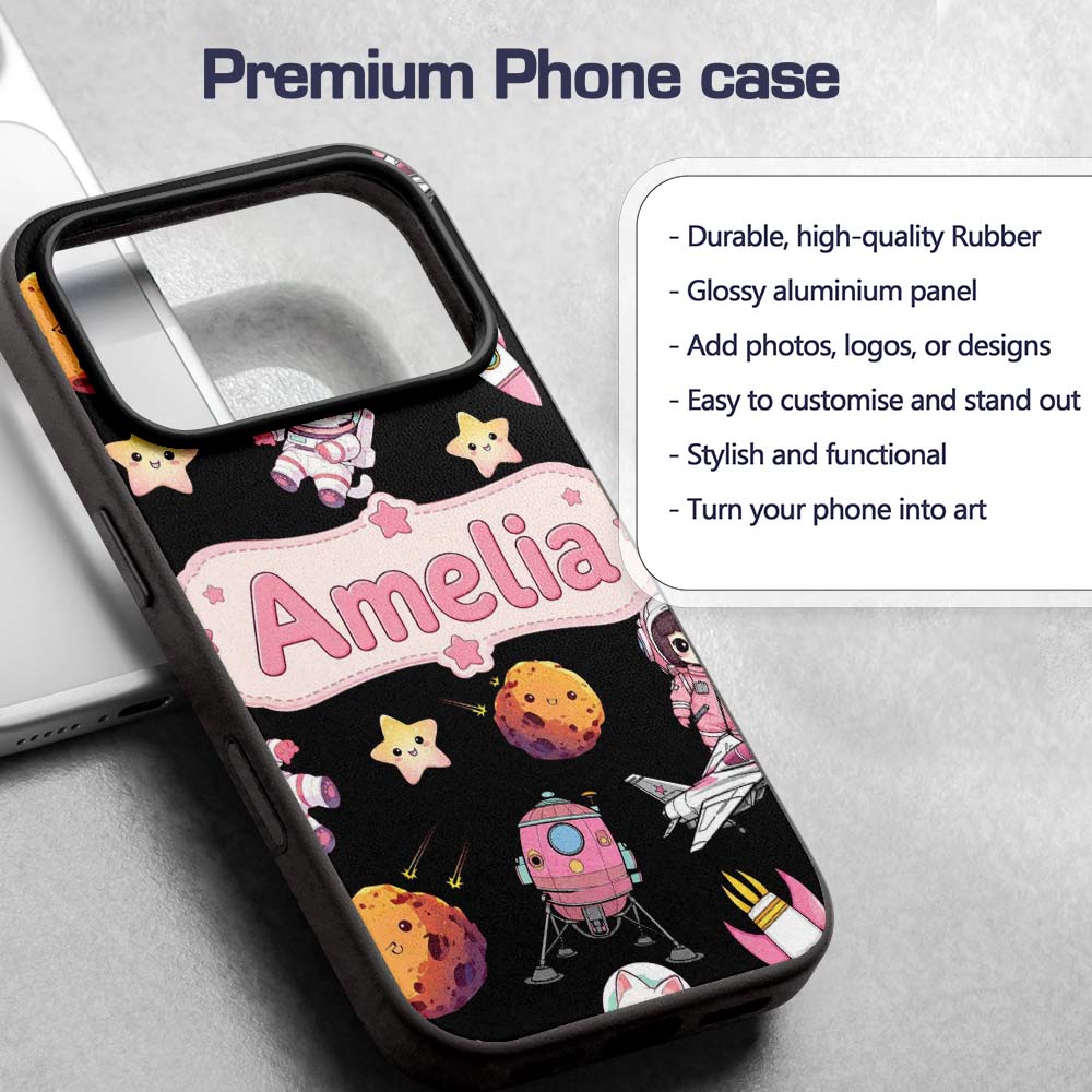 Space Cat Astronaut Girl Rockets Stars Seamless Custom Name Protective Phone Case Mobile Cover Durable Everyday Smartphone Shock Resistant