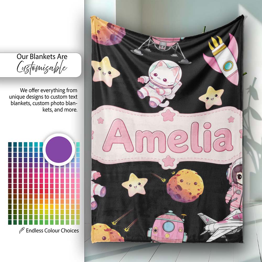 Space Cat Astronaut Girl Rockets Stars Seamless Black Background  Personalised Custom Name Super Soft Fleece Blanket Bed Sofa Throw