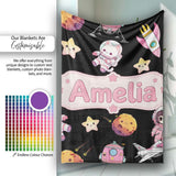 Space Cat Astronaut Girl Rockets Stars Seamless Black Background  Personalised Custom Name Super Soft Fleece Blanket Bed Sofa Throw