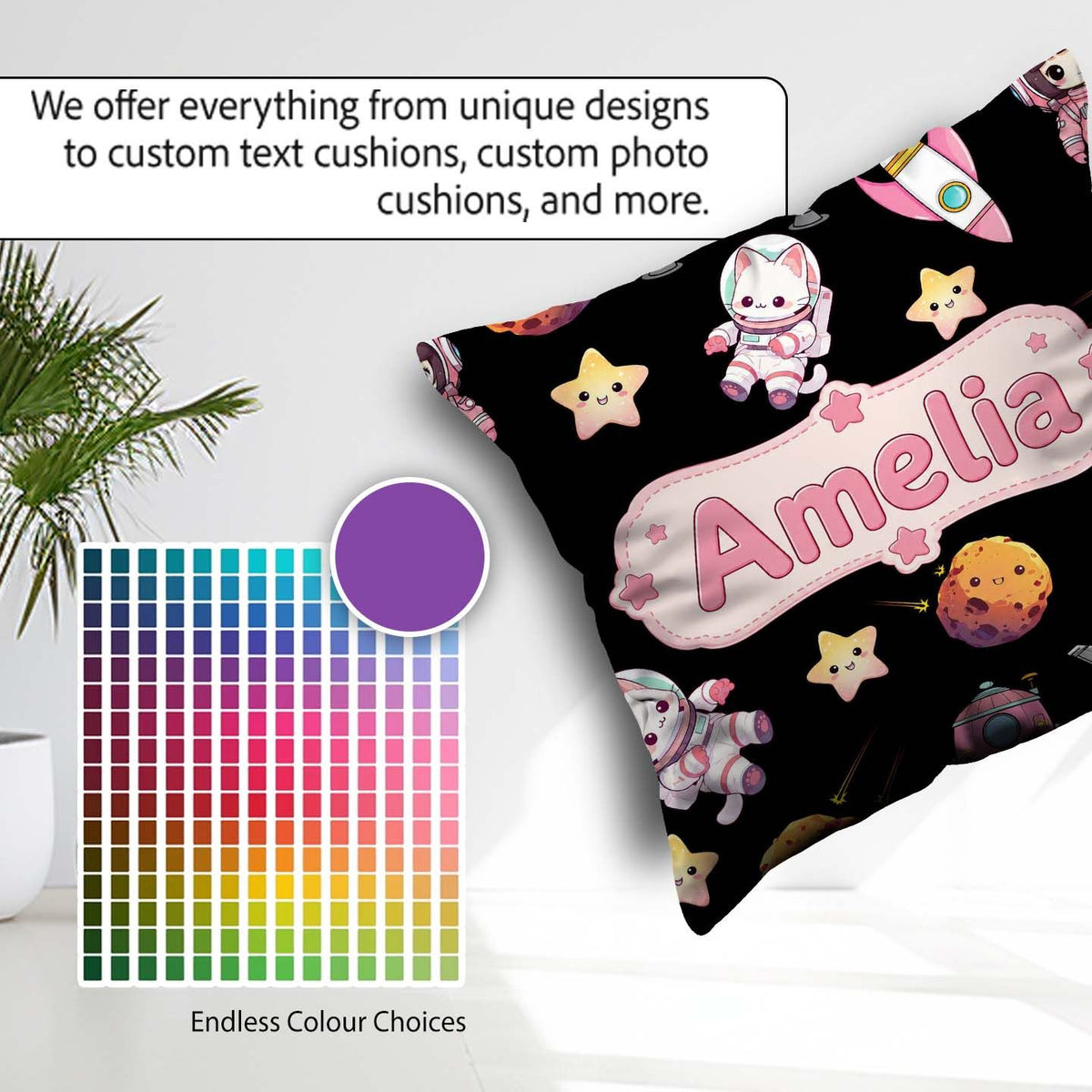 Custom Name Space Cat Astronaut Girl Rockets Seamless Background Square Filled Cushion Throw Pillow Sofa Bed Home Decor Zip Washable UK Made